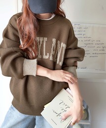 ニット/セーター（ブラウン/茶色系・前面プリント）ファッション通販