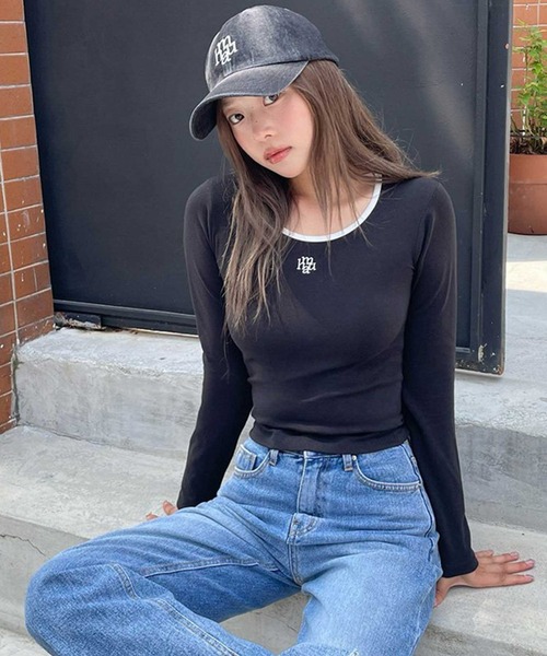 muahmuah(ムーアムーア)の「A'GEM/9 × .kom 『muah muah/ムーアムーア』 LOGO STITCH ROUND COLORING LONG SLEEVE/ロゴステッチラウンドネックカラリングロングシャツ(Tシャツ/カットソー・レディース・ブラック/ホワイト/ピンク・FREE)」の20枚目の写真