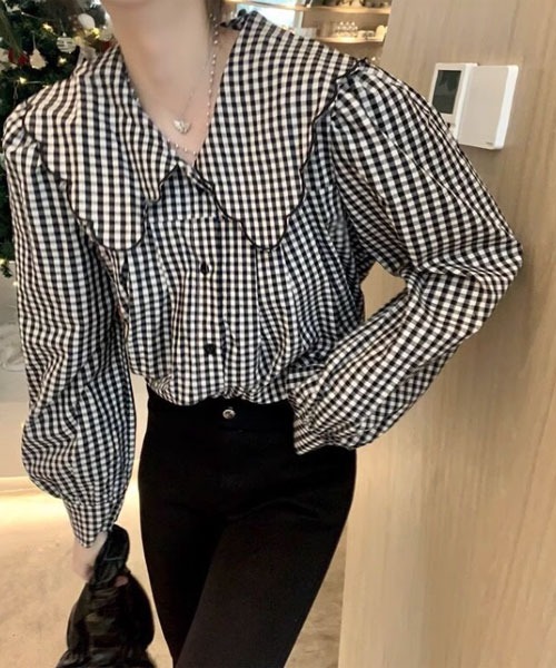 urge:(アージコロン )の「【URGE:】チェック柄 ビックカラー スカラップ シャツ(シャツ/ブラウス・レディース・ブラック・MEDIUM/LARGE/X-LARGE/SMALL)」の3枚目の写真