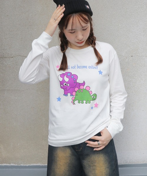 UNIT CHEST(ユニットチェスト)の「【UNIT CHEST】unique unisex long sleeve T-shirt/ユニークユニセックス ロンT OIF designer eggs コラボ 恐竜by manami_makifuji(Tシャツ/カットソー・レディース・ブラック/ホワイト/杢グレー・S/L/M)」の14枚目の写真