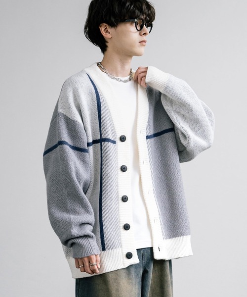 Rocky Monroe（ロッキーモンロー）の「オーバーサイズ 7Gクロスチェック柄Vネックカーディガン（カーディガン/ボレロ・メンズ・ネイビー/ホワイト×ライトグレー/ブラック/オフホワイト/ブルー・M/L）」の20枚目の写真