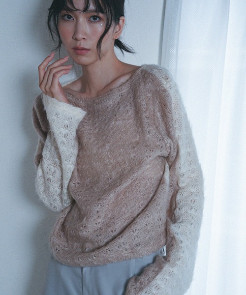 Nora Lily elle（ノラリリーエル）の「【Nora Lily】「elle」Bi-color Asymmetry Neck Kitting Top（その他トップス・レディース・ブラック/パープル系その他/ホワイト系その他・FREE）」の2枚目の写真