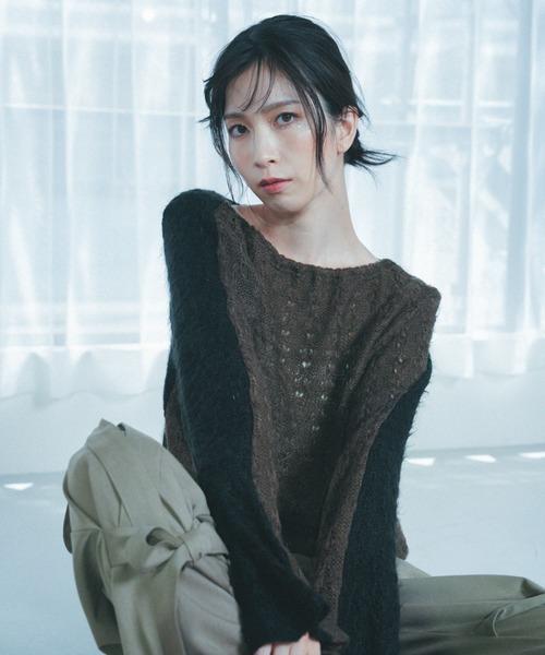 Nora Lily elle（ノラリリーエル）の「【Nora Lily】「elle」Bi-color Asymmetry Neck Kitting Top（その他トップス・レディース・ブラック/パープル系その他/ホワイト系その他・FREE）」の12枚目の写真