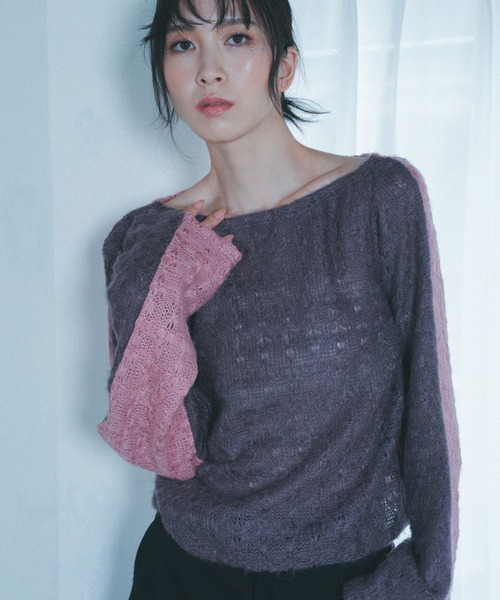 Nora Lily elle（ノラリリーエル）の「【Nora Lily】「elle」Bi-color Asymmetry Neck Kitting Top（その他トップス・レディース・ブラック/パープル系その他/ホワイト系その他・FREE）」の18枚目の写真