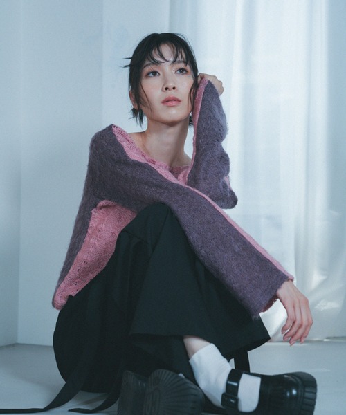 Nora Lily elle（ノラリリーエル）の「【Nora Lily】「elle」Bi-color Asymmetry Neck Kitting Top（その他トップス・レディース・ブラック/パープル系その他/ホワイト系その他・FREE）」の16枚目の写真