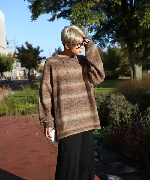 ZIP FIVE（ジップファイブ）の「【ZIP FIVE】 5G グラデーション ボーダー ビッグシルエット クルー ニット セーター（ニット/セーター・メンズ・グリーン/ブラック/ブラウン・MEDIUM/LARGE）」の9枚目の写真