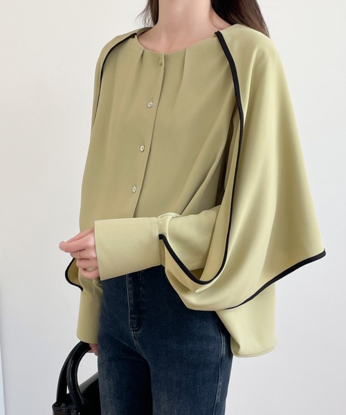 ECLIN(エクラン)の「配色パイピングレイヤード風ケープブラウス(シャツ/ブラウス・レディース・グリーン/ベージュ/ブラック・M/L/XL)」の9枚目の写真