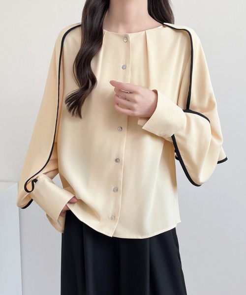 ECLIN(エクラン)の「配色パイピングレイヤード風ケープブラウス(シャツ/ブラウス・レディース・グリーン/ベージュ/ブラック・M/L/XL)」の14枚目の写真