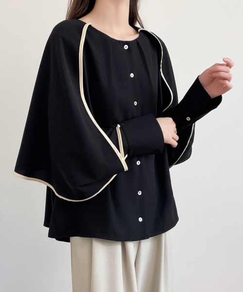 ECLIN(エクラン)の「配色パイピングレイヤード風ケープブラウス(シャツ/ブラウス・レディース・グリーン/ベージュ/ブラック・M/L/XL)」の21枚目の写真