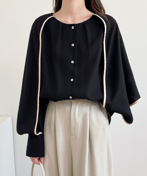 ECLIN(エクラン)の「配色パイピングレイヤード風ケープブラウス(シャツ/ブラウス・レディース・グリーン/ベージュ/ブラック・M/L/XL)」の20枚目の写真