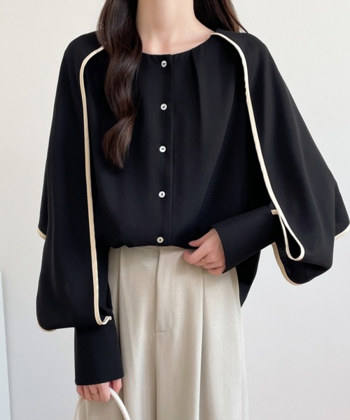 ECLIN(エクラン)の「配色パイピングレイヤード風ケープブラウス(シャツ/ブラウス・レディース・グリーン/ベージュ/ブラック・M/L/XL)」の19枚目の写真