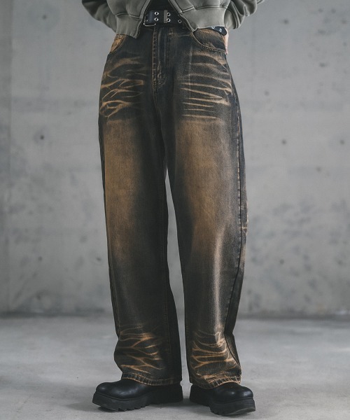 Shoowtime(ショウタイム)の「Wide straight vintage washed denim pants / ワイドストレートヴィンテージウォッシュデニムパンツ(デニムパンツ・メンズ・ブルー/ブラック・X-LARGE/LARGE/MEDIUM)」の1枚目の写真