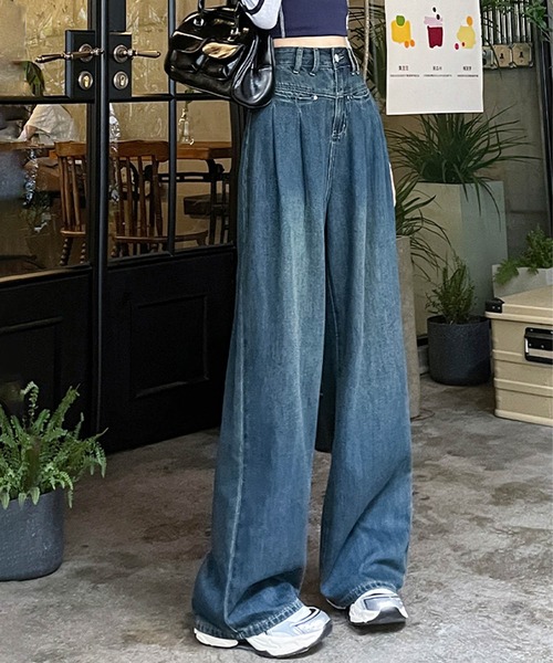 aimoha(アイモハ)の「ハイウエストワイドデニムパンツ(デニムパンツ・レディース・ネイビー/ライトブルー/ホワイト・SMALL/X-SMALL/X-LARGE/LARGE/MEDIUM)」の4枚目の写真