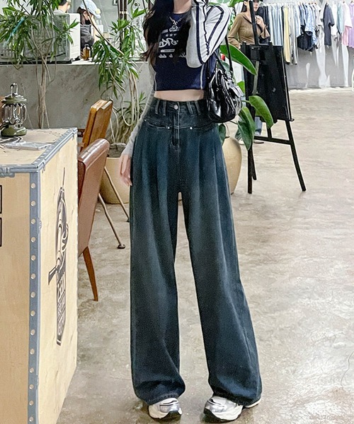 aimoha(アイモハ)の「ハイウエストワイドデニムパンツ(デニムパンツ・レディース・ネイビー/ライトブルー/ホワイト・SMALL/X-SMALL/X-LARGE/LARGE/MEDIUM)」の6枚目の写真