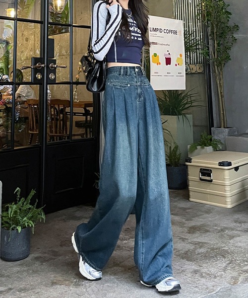 aimoha(アイモハ)の「ハイウエストワイドデニムパンツ(デニムパンツ・レディース・ネイビー/ライトブルー/ホワイト・SMALL/X-SMALL/X-LARGE/LARGE/MEDIUM)」の9枚目の写真