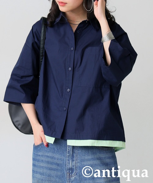 antiqua(アンティカ)の「レイヤード風配色シャツ(シャツ/ブラウス・レディース・ブルー/ネイビー・ONESIZE)」の3枚目の写真