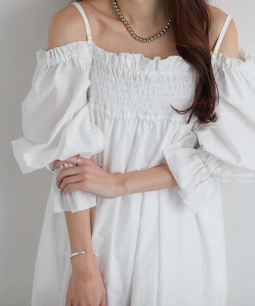 セール】【最強愛されワンピ】シャーリング2WAYオフショルワンピース  