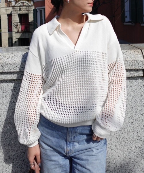 YOOU(ユー)の「クロシェポロニット/透かし編みデザイン × ルーズシルエット(ニット/セーター・レディース・ネイビー/ホワイト/オレンジ・FREE)」の2枚目の写真