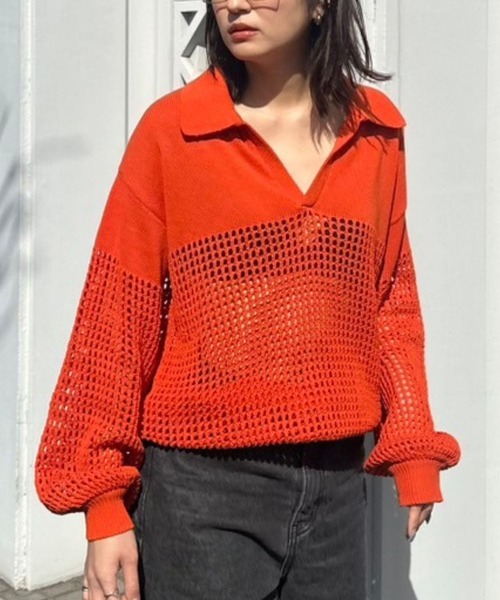 YOOU(ユー)の「クロシェポロニット/透かし編みデザイン × ルーズシルエット(ニット/セーター・レディース・ネイビー/ホワイト/オレンジ・FREE)」の3枚目の写真