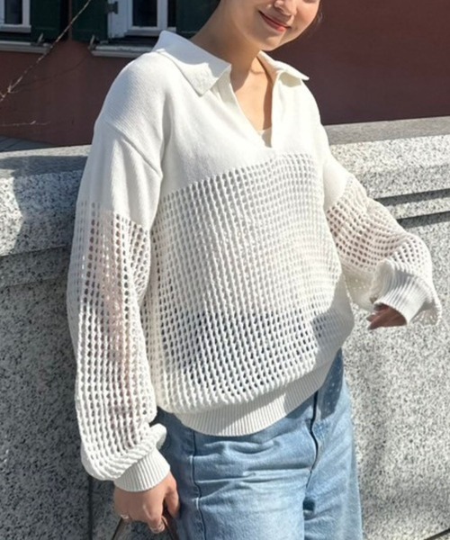 ニット セーター Crochet polo knit（クロシェポロニット） レディース セール】Crochet polo knit（クロシェポロニット）（ニット