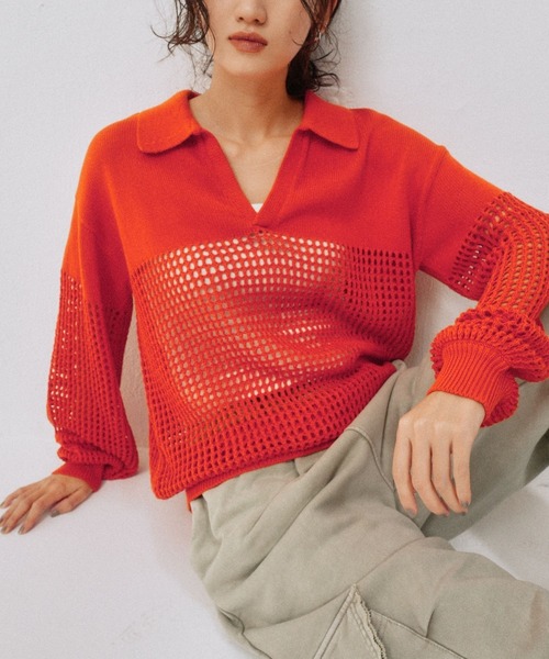 ニット セーター Crochet polo knit（クロシェポロニット） レディース セール】Crochet polo knit（クロシェポロニット）（ニット