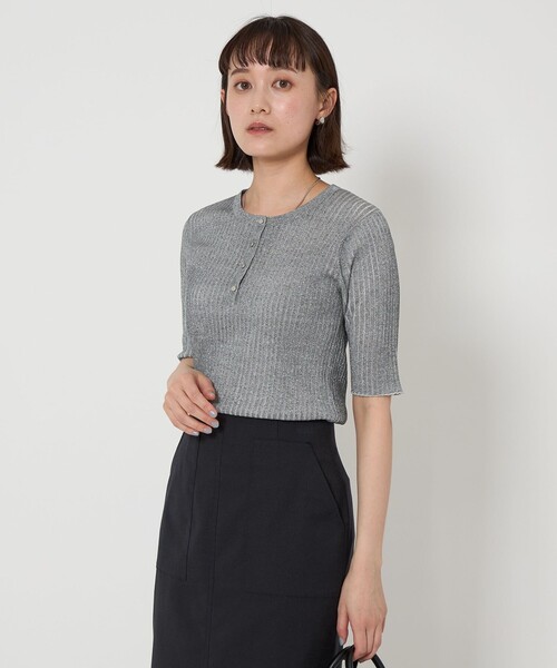 セール】グロッシーラメ ヘンリーネック 5分袖 ニット プル