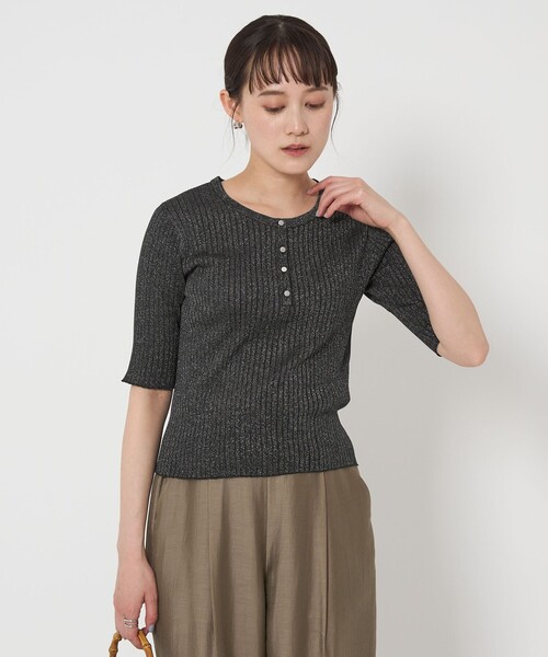 セール】グロッシーラメ ヘンリーネック 5分袖 ニット プル