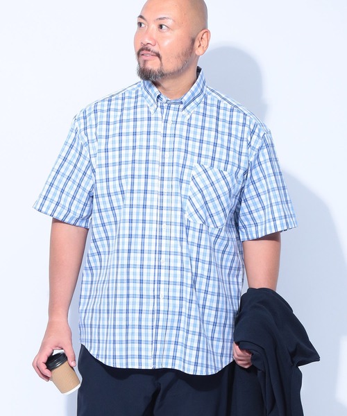 PIMLICO(ピムリコ)の「PIMLICO (ピムリコ) ブロードチェック ボタンダウン 半袖 シャツ(シャツ/ブラウス・メンズ・B/A/C/D/E/ブルー/オレンジ/レッド/グリーン・X1(3L~4L)/X2(4L~5L)/X3(6L~7L)/X4(8L~9L))」の4枚目の写真