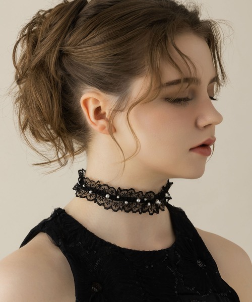 LA MUe（ラミュー）の「【LA MUE】パールレースチョーカー（チョーカー・レディース・ブラック/ホワイト・FREE）」の5枚目の写真