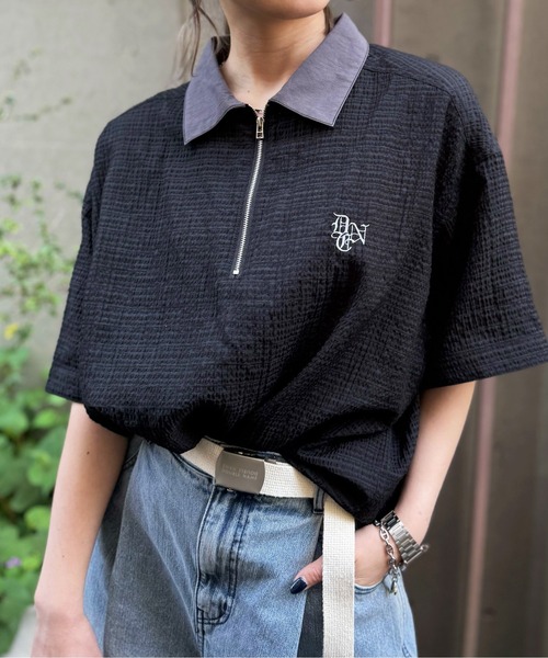 DOUBLE NAME(ダブルネーム)の「シアーチェックハーフZIPシャツ(シャツ/ブラウス・レディース・オフホワイト/ブルー/ブラック・FREE)」の4枚目の写真