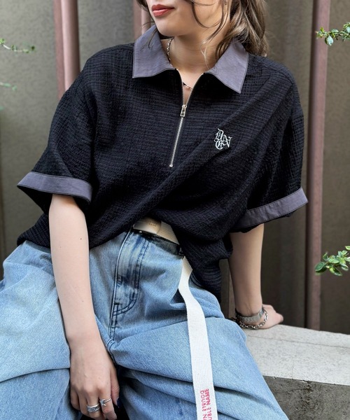 DOUBLE NAME(ダブルネーム)の「シアーチェックハーフZIPシャツ(シャツ/ブラウス・レディース・オフホワイト/ブルー/ブラック・FREE)」の5枚目の写真