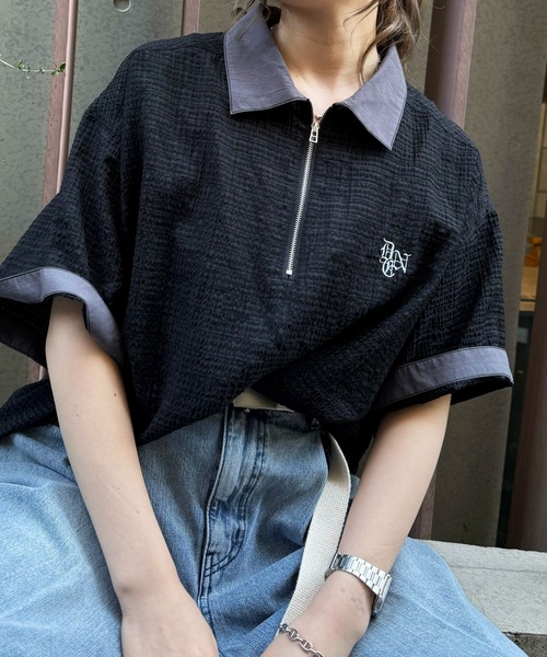 DOUBLE NAME(ダブルネーム)の「シアーチェックハーフZIPシャツ(シャツ/ブラウス・レディース・オフホワイト/ブルー/ブラック・FREE)」の6枚目の写真