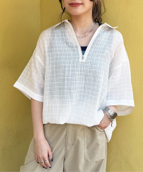 DOUBLE NAME(ダブルネーム)の「シアーチェックハーフZIPシャツ(シャツ/ブラウス・レディース・オフホワイト/ブルー/ブラック・FREE)」の13枚目の写真