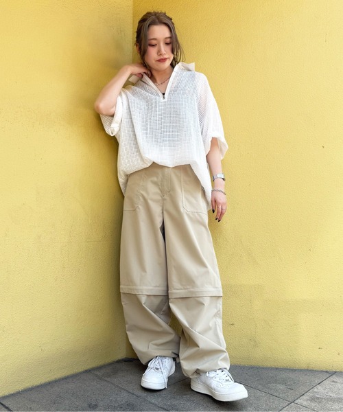 DOUBLE NAME(ダブルネーム)の「シアーチェックハーフZIPシャツ(シャツ/ブラウス・レディース・オフホワイト/ブルー/ブラック・FREE)」の14枚目の写真