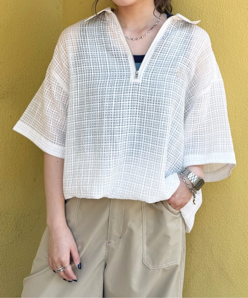 DOUBLE NAME(ダブルネーム)の「シアーチェックハーフZIPシャツ(シャツ/ブラウス・レディース・オフホワイト/ブルー/ブラック・FREE)」の15枚目の写真