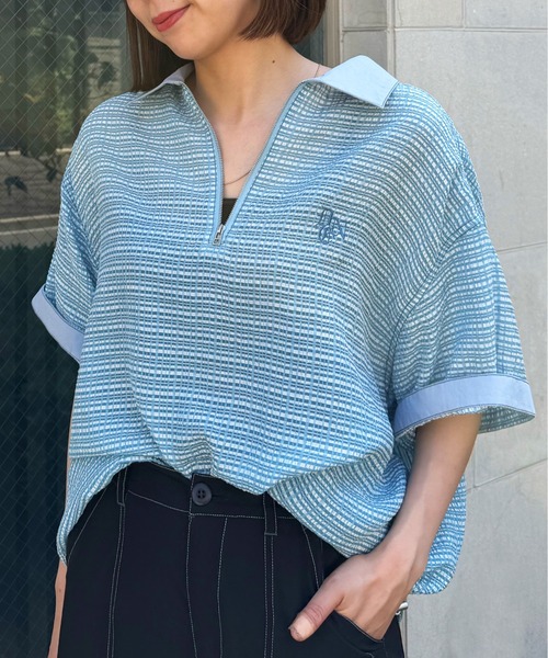 DOUBLE NAME(ダブルネーム)の「シアーチェックハーフZIPシャツ(シャツ/ブラウス・レディース・オフホワイト/ブルー/ブラック・FREE)」の17枚目の写真