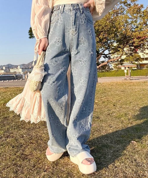 セール】低身長OK◎フラワージャガードデニムパンツ（デニム