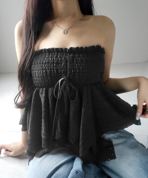 me+em select(ミームセレクト)の「※※【 トップスとしても使える2WAY 】シャーリングリボンフリルビスチェミニスカート / shirring ribbon frill bustier mini skirt(スカート・レディース・ブラック/ホワイト・FREE)」の12枚目の写真