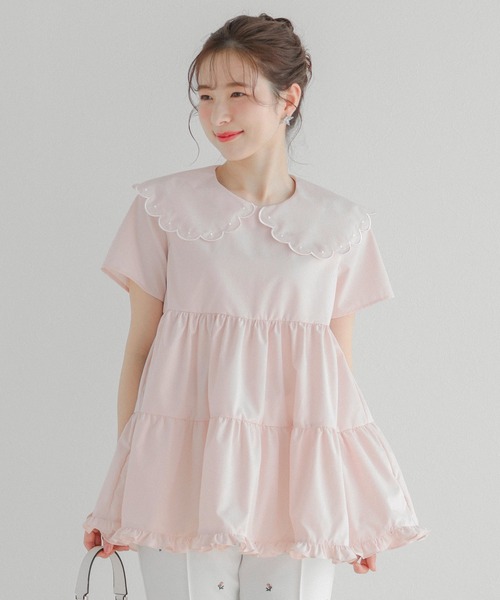 新品未使用♡ ドット刺繍スカラップカラーギャザートップス　 半袖fitmore ドット刺繍スカラップカラーギャザートップス（その他トップス