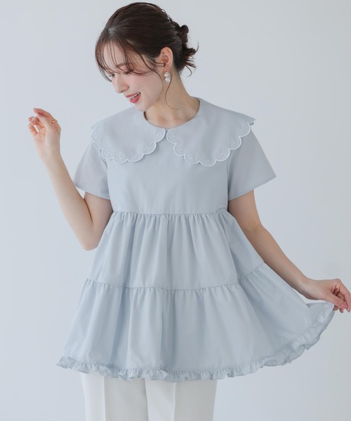 新品未使用♡ ドット刺繍スカラップカラーギャザートップス　 半袖fitmore ドット刺繍スカラップカラーギャザートップス（その他トップス