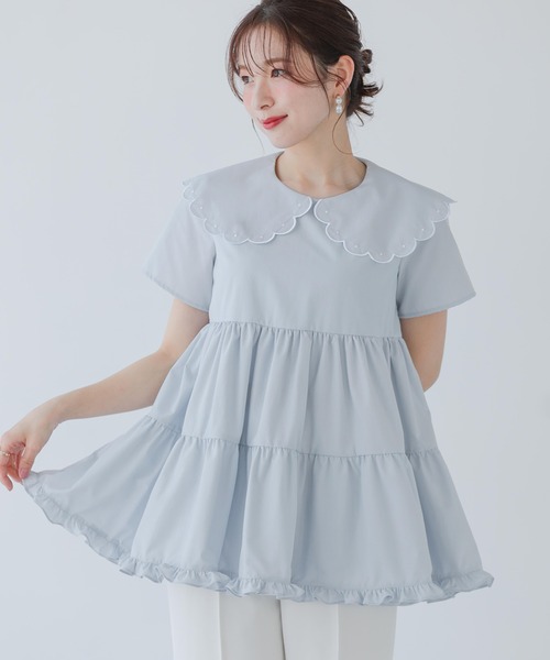 セール】ドット刺繍スカラップカラーギャザートップス（その他