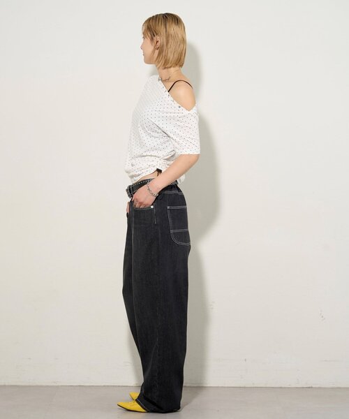 WHO'S WHO gallery(フーズフーギャラリー)の「アソート (カモ柄/ヒョウ柄)/ドット柄)スタッズドロストワンショルTEE(Tシャツ/カットソー・レディース・グレー/カーキ/ホワイト/ブラック・FREE)」の5枚目の写真