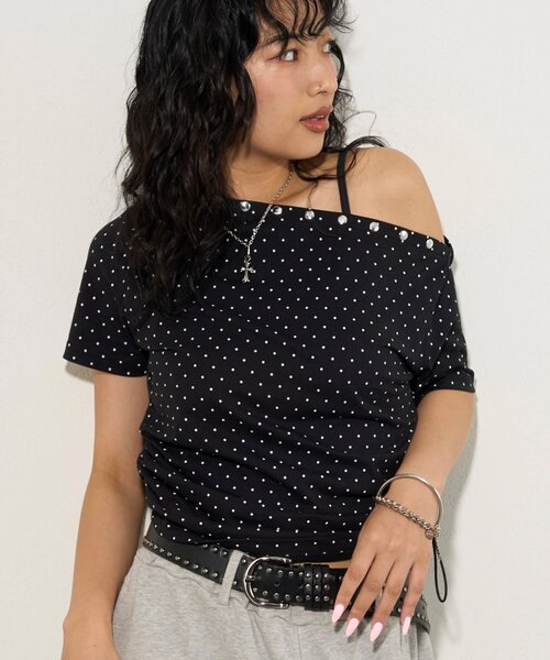 WHO'S WHO gallery(フーズフーギャラリー)の「アソート (カモ柄/ヒョウ柄)/ドット柄)スタッズドロストワンショルTEE(Tシャツ/カットソー・レディース・グレー/カーキ/ホワイト/ブラック・FREE)」の9枚目の写真