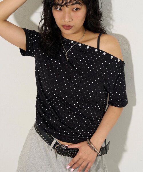 WHO'S WHO gallery(フーズフーギャラリー)の「アソート (カモ柄/ヒョウ柄)/ドット柄)スタッズドロストワンショルTEE(Tシャツ/カットソー・レディース・グレー/カーキ/ホワイト/ブラック・FREE)」の10枚目の写真