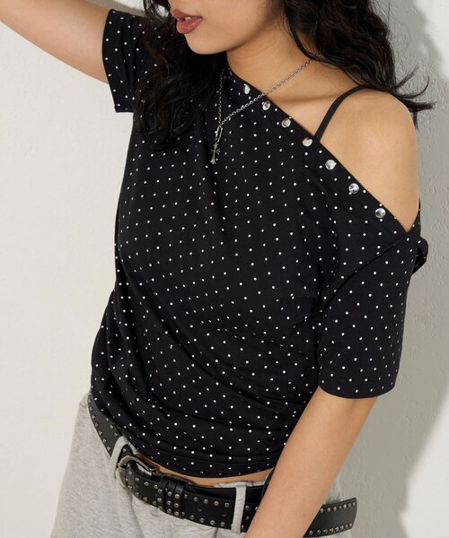 WHO'S WHO gallery(フーズフーギャラリー)の「アソート (カモ柄/ヒョウ柄)/ドット柄)スタッズドロストワンショルTEE(Tシャツ/カットソー・レディース・グレー/カーキ/ホワイト/ブラック・FREE)」の12枚目の写真