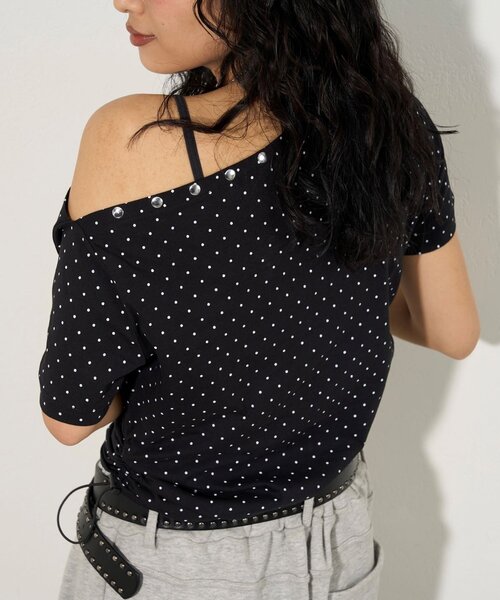 WHO'S WHO gallery(フーズフーギャラリー)の「アソート (カモ柄/ヒョウ柄)/ドット柄)スタッズドロストワンショルTEE(Tシャツ/カットソー・レディース・グレー/カーキ/ホワイト/ブラック・FREE)」の13枚目の写真