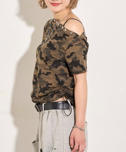 WHO'S WHO gallery(フーズフーギャラリー)の「アソート (カモ柄/ヒョウ柄)/ドット柄)スタッズドロストワンショルTEE(Tシャツ/カットソー・レディース・グレー/カーキ/ホワイト/ブラック・FREE)」の22枚目の写真