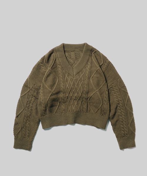 ROOPTOKYO(ループトウキョウ)の「Short Cable Knit / ショート丈 ケーブルリボンニット(ニット/セーター・レディース・カーキ/ホワイト・FREE)」の1枚目の写真