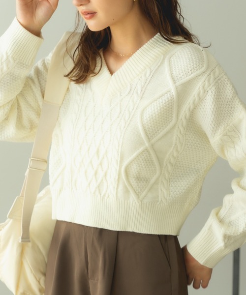 ROOPTOKYO(ループトウキョウ)の「Short Cable Knit / ショート丈 ケーブルリボンニット(ニット/セーター・レディース・カーキ/ホワイト・FREE)」の5枚目の写真