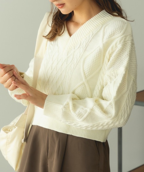ROOPTOKYO(ループトウキョウ)の「Short Cable Knit / ショート丈 ケーブルリボンニット(ニット/セーター・レディース・カーキ/ホワイト・FREE)」の6枚目の写真